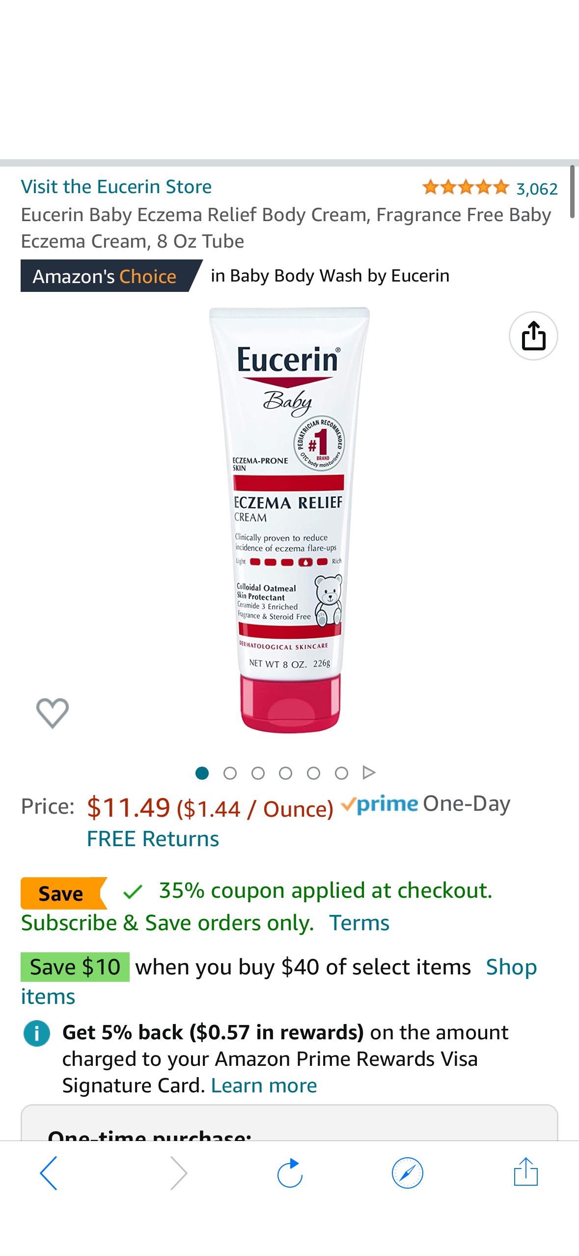 Eucerin Baby Eczema Relief Body Cream, Fragrance Free Baby Eczema Cream, 8 Oz Tube宝宝湿疹霜