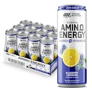 Amino Energy Sparkling Hydration Drink, Electrolytes, Caffeine, Amino Acids, BCAAs, Sugar Free, Blueberry Lemonade, 12 Fl Oz, 12 Pack