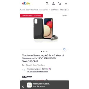 $59.99 三星 A02s + 1 Year of Service with 1500 MIN/1500 Text/1500MB | eBay
手机加上一年的服务 还是比较合适的