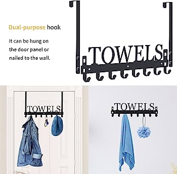 Over The Door Hooks, Towel Holder for Bathroom, Mount Rack Hooks Bathroom Kitchen Pool Beach Towels Bathrobe Wall Hanger Metal Sandblasted (Black) - 门挂