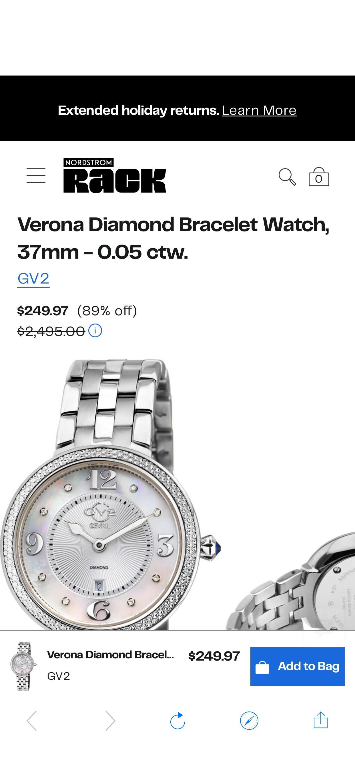 GV2 Verona Diamond Bracelet Watch, 37mm - 0.05 ctw. | Nordstromrack