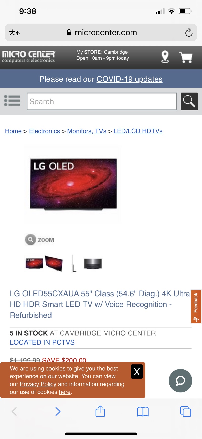 LG OLED55CXAUA 55" 电视Class (54.6" Diag.) 4K Ultra HD HDR Smart LED TV w/ Voice Recognition - Refurbished - Micro Center