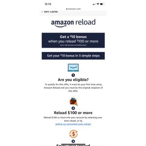 Amazon 部分用户冲100额外送10礼卡