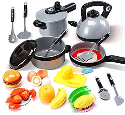 Cute Stone Kids Kitchen Pretend Play Toys,Play Cooking Set, Cookware Pots and Pans Playset, Peeling and Cutting Play Food Toys, Cooking Utensils Accessories
