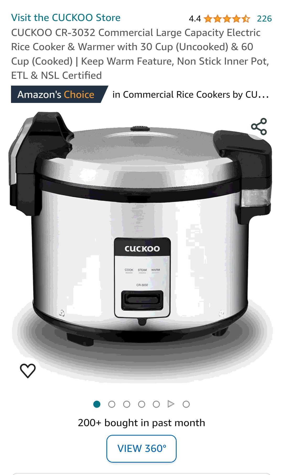 CUCKOO CR-3032 Commercial Large Capacity Electric Rice Cooker & Warmer with 30 Cup (Uncooked) & 60 Cup (Cooked) | Keep Warm Feature, Non Stick Inner Pot, ETL & NSL Certified : Industrial & Scientific