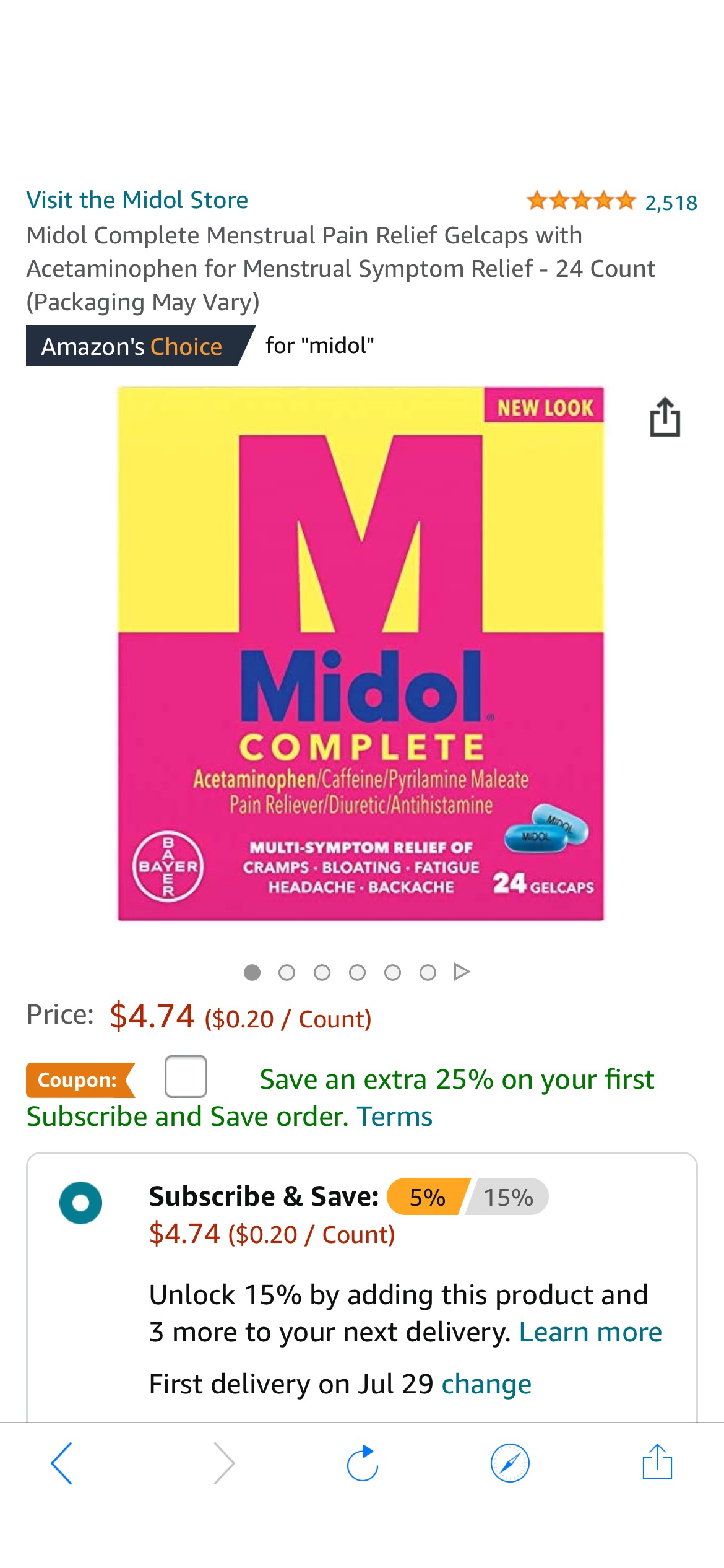 Amazon.com: Midol Complete Menstrual Pain Relief Gelcaps with Acetaminophen for Menstrual Symptom Relief - 24 Count (Packaging May Vary) : Health & 止痛片20%off