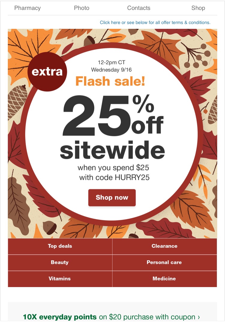 walgreen75折Extra 25% off when you spend $25+ with code HURRY25 from 12pm - 2pm CT | Walgreens
