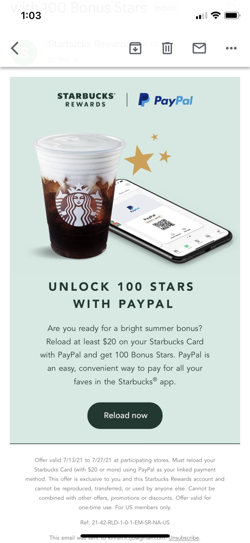 Starbucks paypal充值赠100star