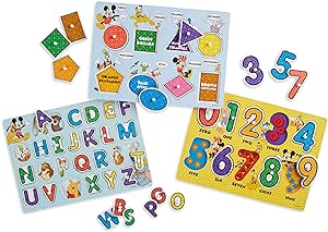 Amazon.com: Melissa &amp; Doug Disney Wooden Peg Puzzles Set: Letters, Numbers, and Shapes and Colors - Letters And Number Puzzles, Disney Puzzles 