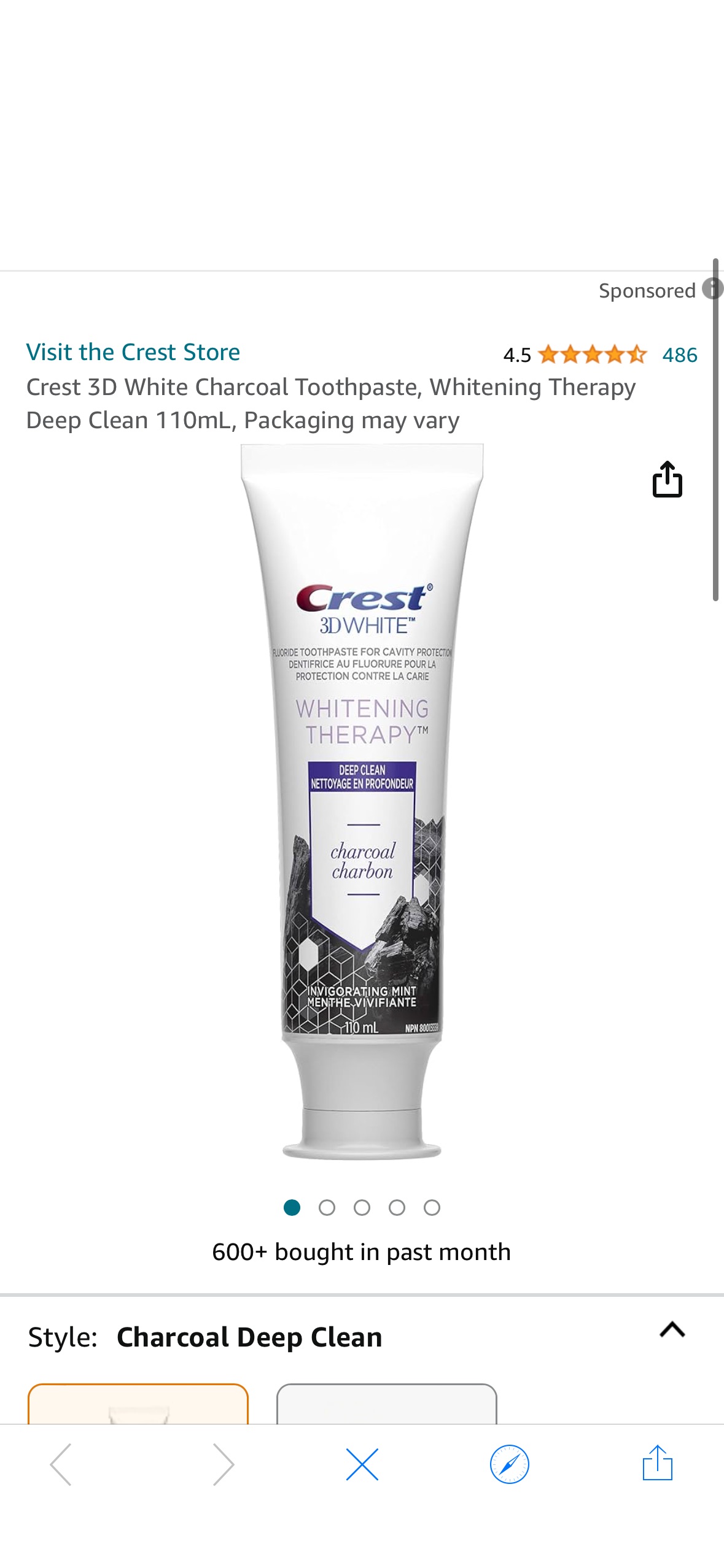 折上折，订阅再7折。Crest 3D White Charcoal Toothpaste, Whitening Therapy Deep Clean 110mL, Packaging may vary : Amazon.ca: Health & Personal Care