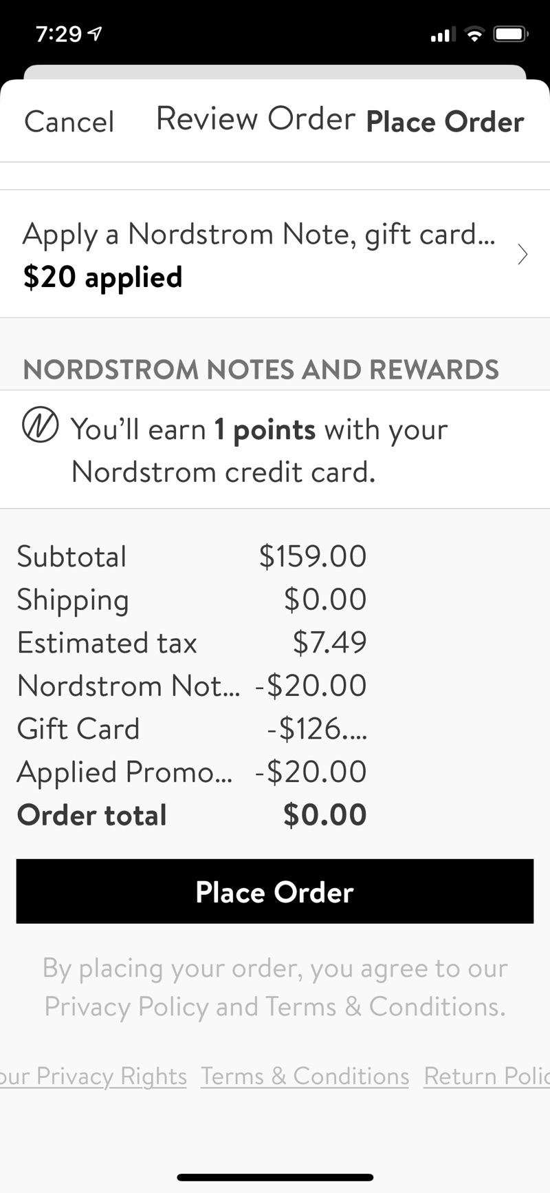 Nordstrom app，首次下单，满150减二十