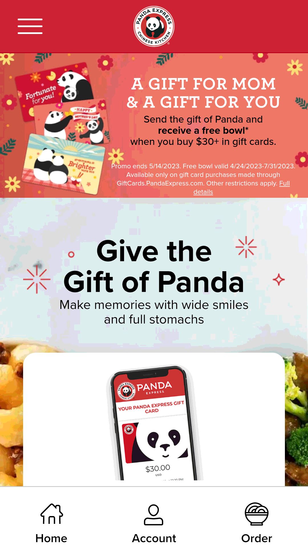 Panda Express  母亲节活动，购买$30 礼卡送免费 panda bowl