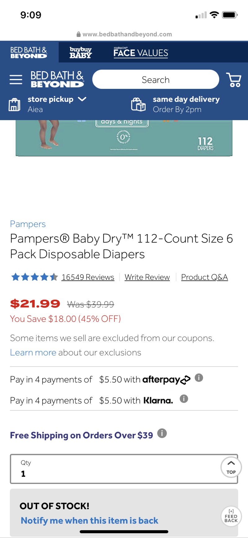 Pampers® Baby Dry™ 112-Count Size 尿不湿 6 Pack