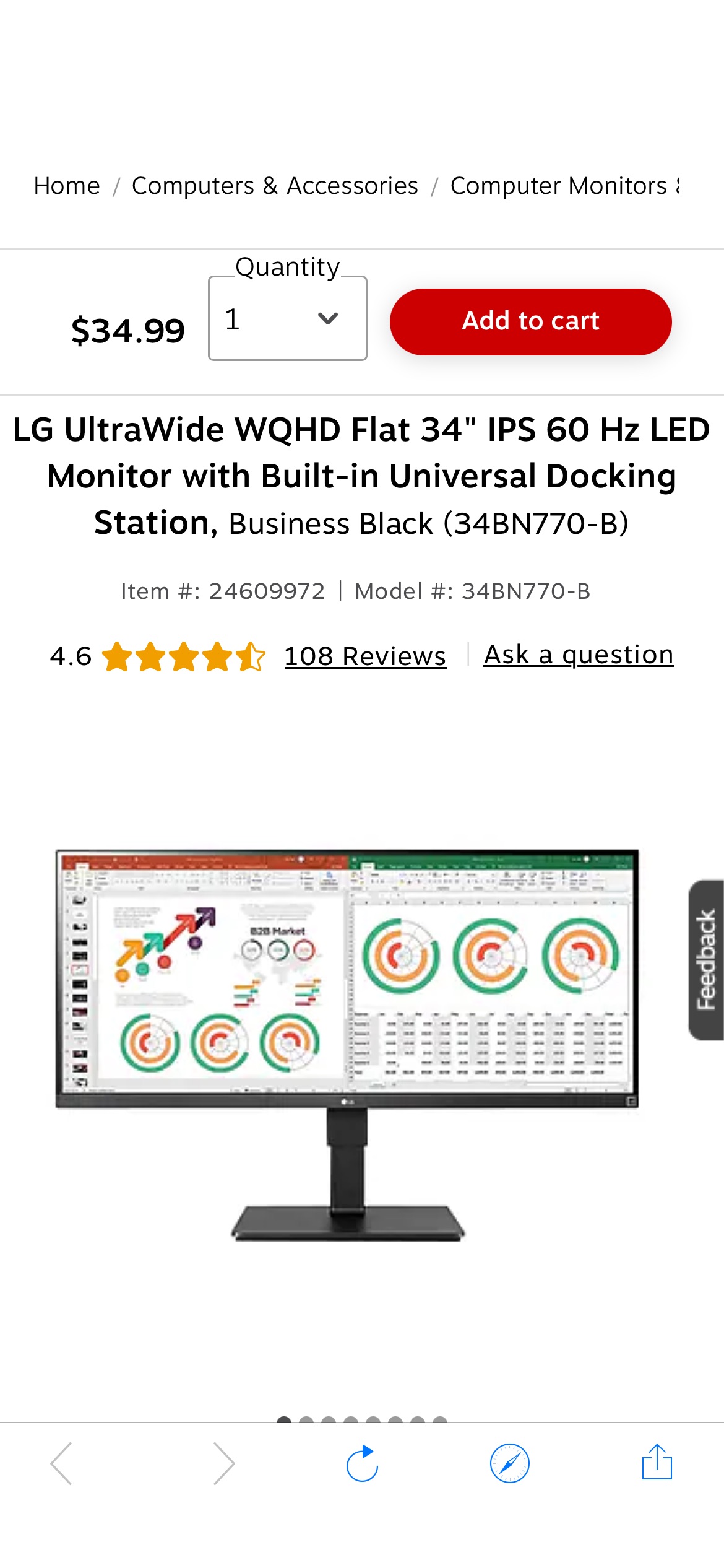 LG UltraWide WQHD Flat 34" IPS 60 Hz LED Monitor with Built-in Universal Docking Station, Business Black (34BN770-B) | Staples