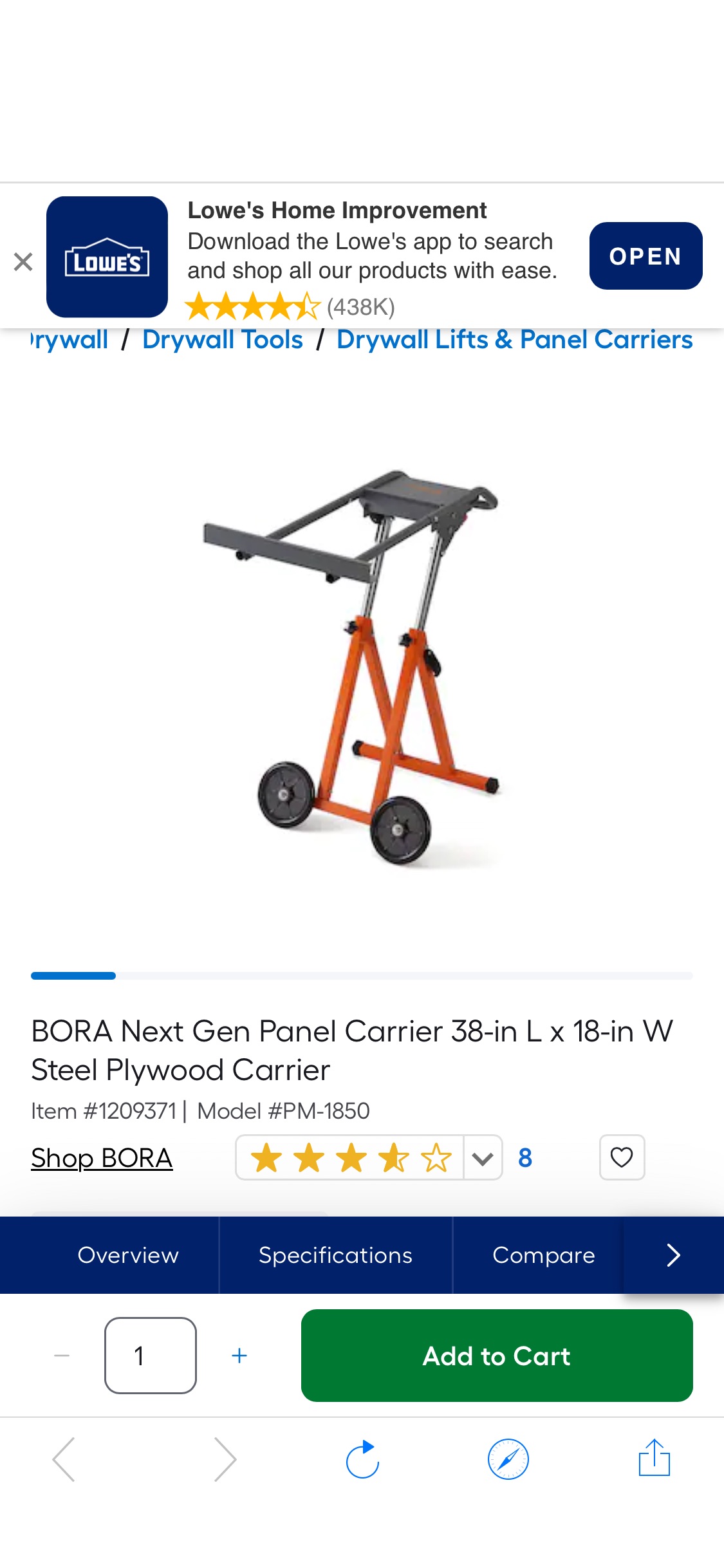 BORA Next Gen Panel Carrier 38-in L x 18-in W Steel Plywood Carrier in the Drywall Lifts & Panel Carriers department at Lowes.com