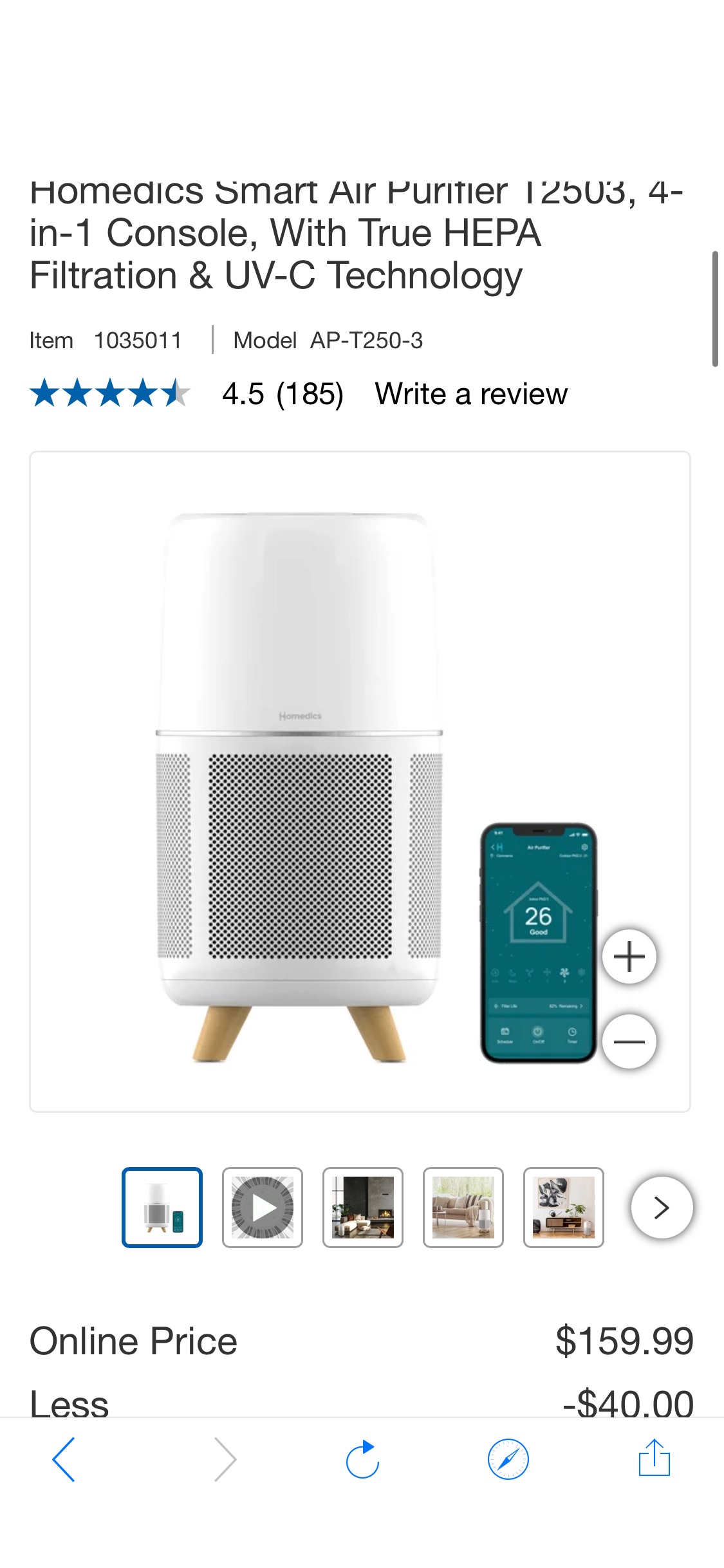 Homedics Smart Air Purifier T2503, 4-in-1 Console, With True HEPA Filtration & UV-C Technology | Costco