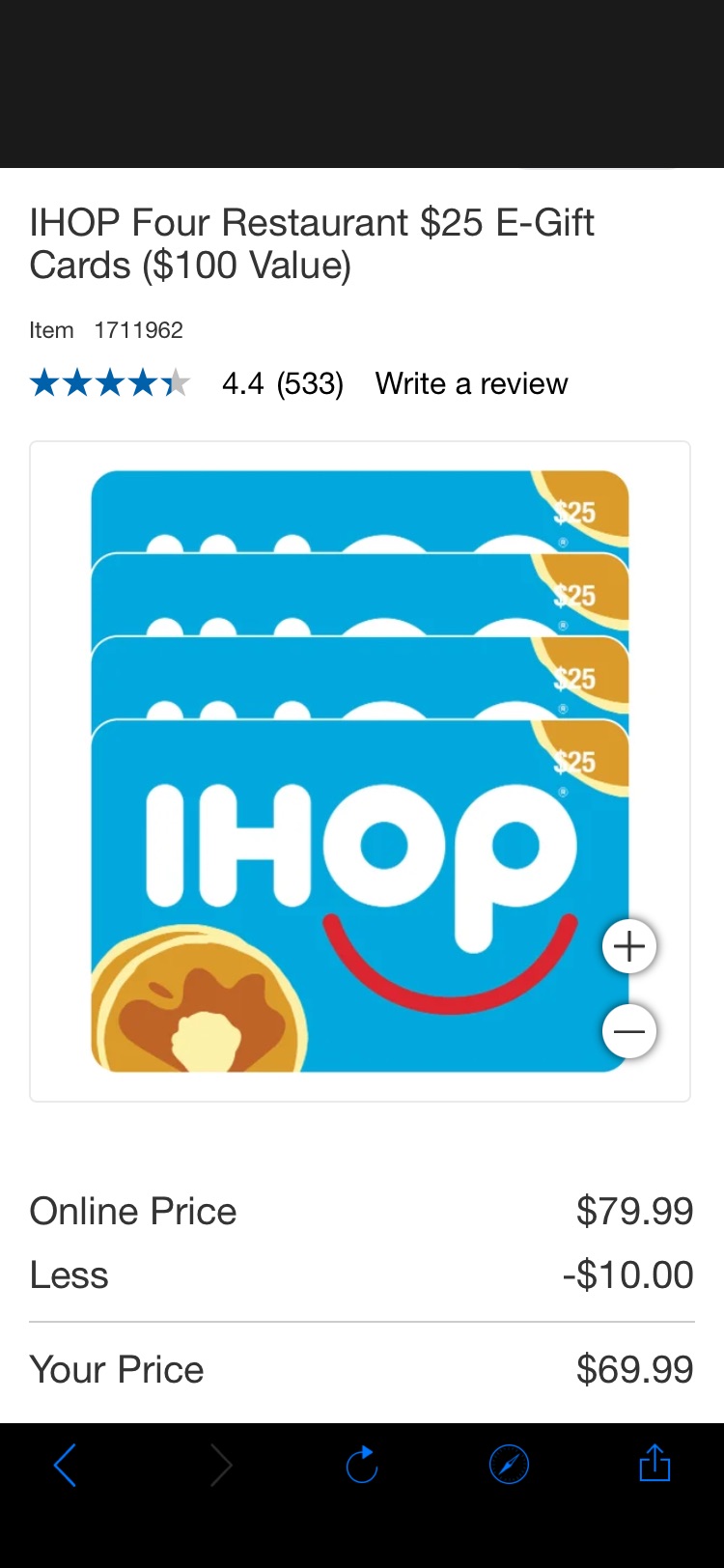 IHOP Four Restaurant $25 E-Gift Cards ($100 Value) | Costco