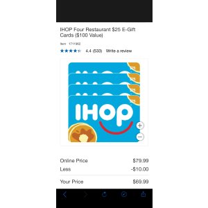 $69.99 IHOP Four Restaurant $25 E-Gift Cards ($100 Value) | Costco