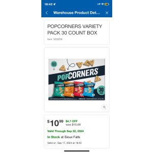 $10.99 PopCorners Popped Corn Snacks Variety Pack, 1 oz, 30-Count | Costco