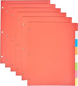 Amazon.com : Amazon Basics 3-Ring Binder Plastic Divider Set, 6 Pack, 3-Hole Punched Letter Size 8-Tab Dividers, Assorted Color : Office Products