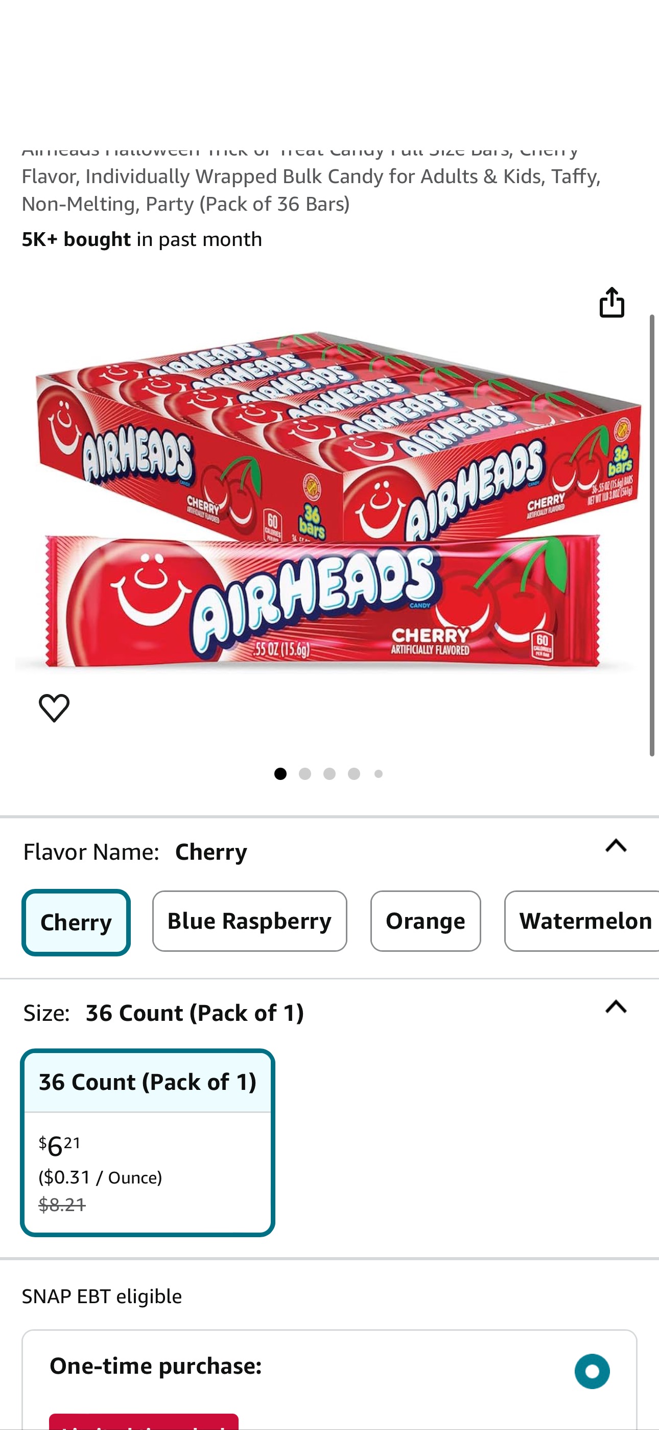 Amazon.com : Airheads Halloween Trick or Treat Candy Full Size Bars, Cherry Flavor, Individually Wrapped Bulk Candy for Adults & Kids, Taffy, Non-Melting, Party (Pack of 36 Bars) : Candy : Grocery & G