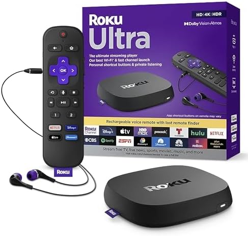 Amazon.com: Roku Ultra | The Ultimate Streaming Device 4K/HDR/Dolby Vision/Atmos, Rechargeable Roku Voice Remote Pro, Ethernet Port, Hands-Free Controls, Lost Remote Finder, Free &amp; Live 