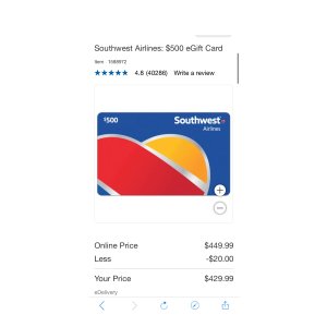 $429 Southwest Airlines: $500 eGift Card | Costco