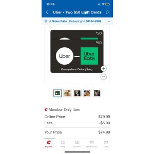 $74.99 Uber - Two $50 eGift Cards | Costco