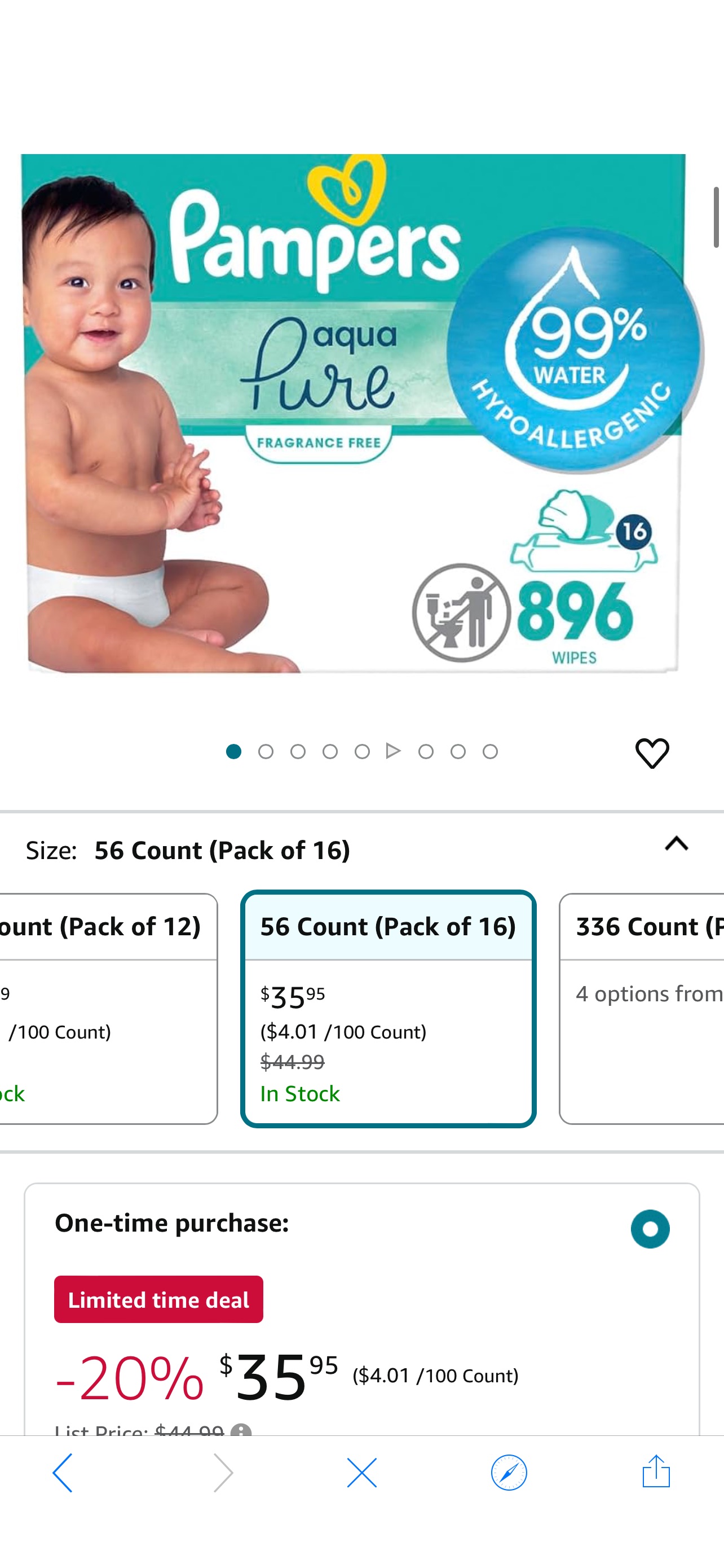 Amazon.com: Pampers Aqua Pure Sensitive Baby Wipes, 99% Water, Hypoallergenic, Unscented Baby Wipes, 896 Baby Wipes Total (16 Flip-Top Packs)湿巾