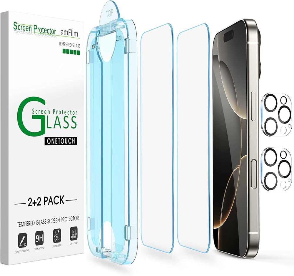 Amazon.com: amFilm Auto-Alignment OneTouch for iPhone 16 Pro [6.3''] Screen Protector + Camera Lens Protector, Tempered Glass, 30 seconds Installation, Bubble Free, Case Friendly, Anti-Scratch [2+2 Pa