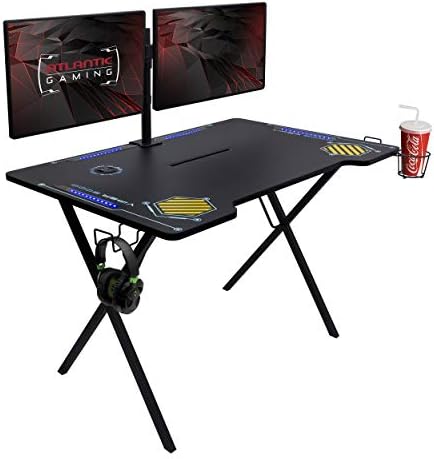 Amazon.com: Atlantic Viper 3000 Gaming Desk – Single Laminated Surface, Heavy-Duty Steel X-Legs, Integrated LED, 3 USB 3.0 Ports, Smart Device Slot, Surge Protector Tray, Headset Hooks, PN 3