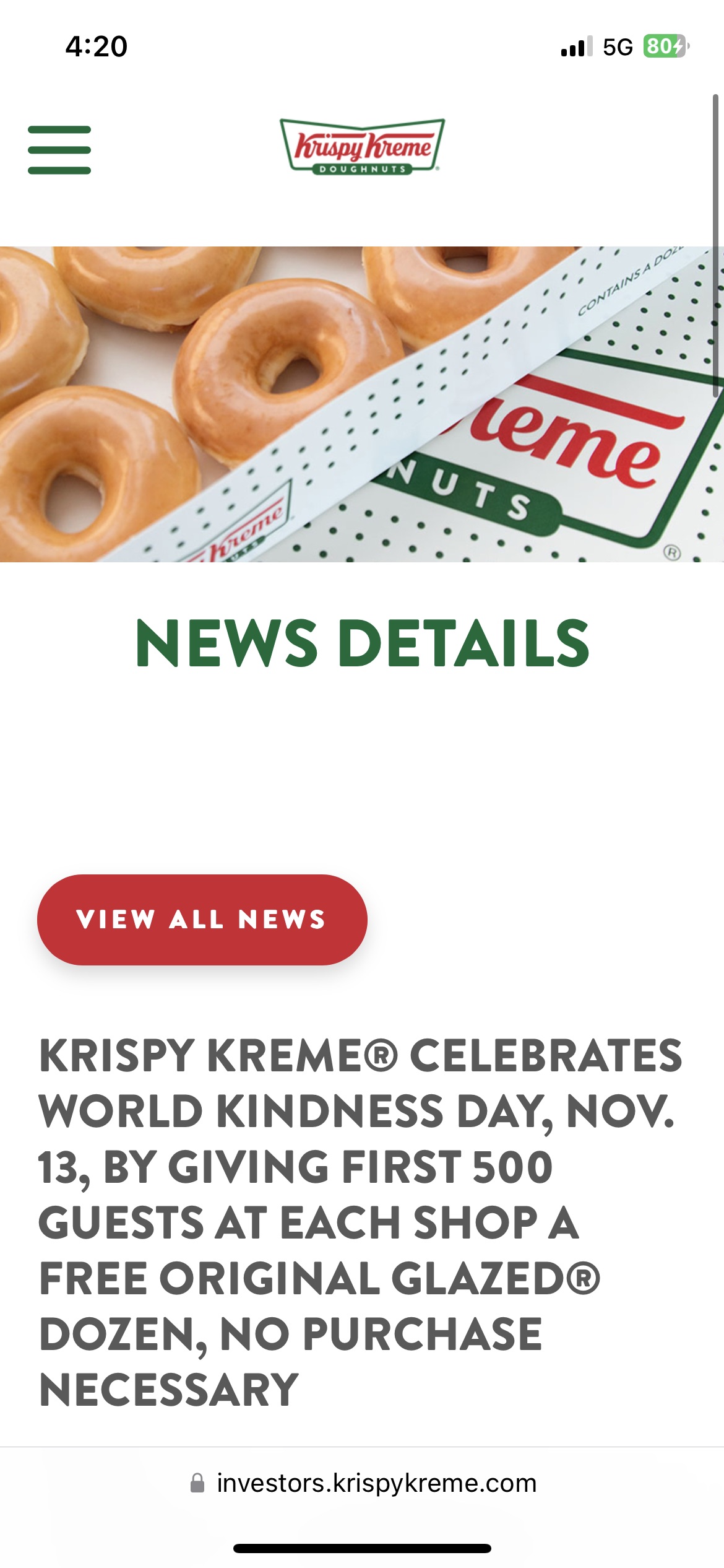 KRISPY KREME® Celebrates World Kindness Day, Nov. 13, by Giving First 500 Guests at Each Shop a FREE Original Glazed® Dozen, No Purchase Necessary | Krispy Kreme, Inc.