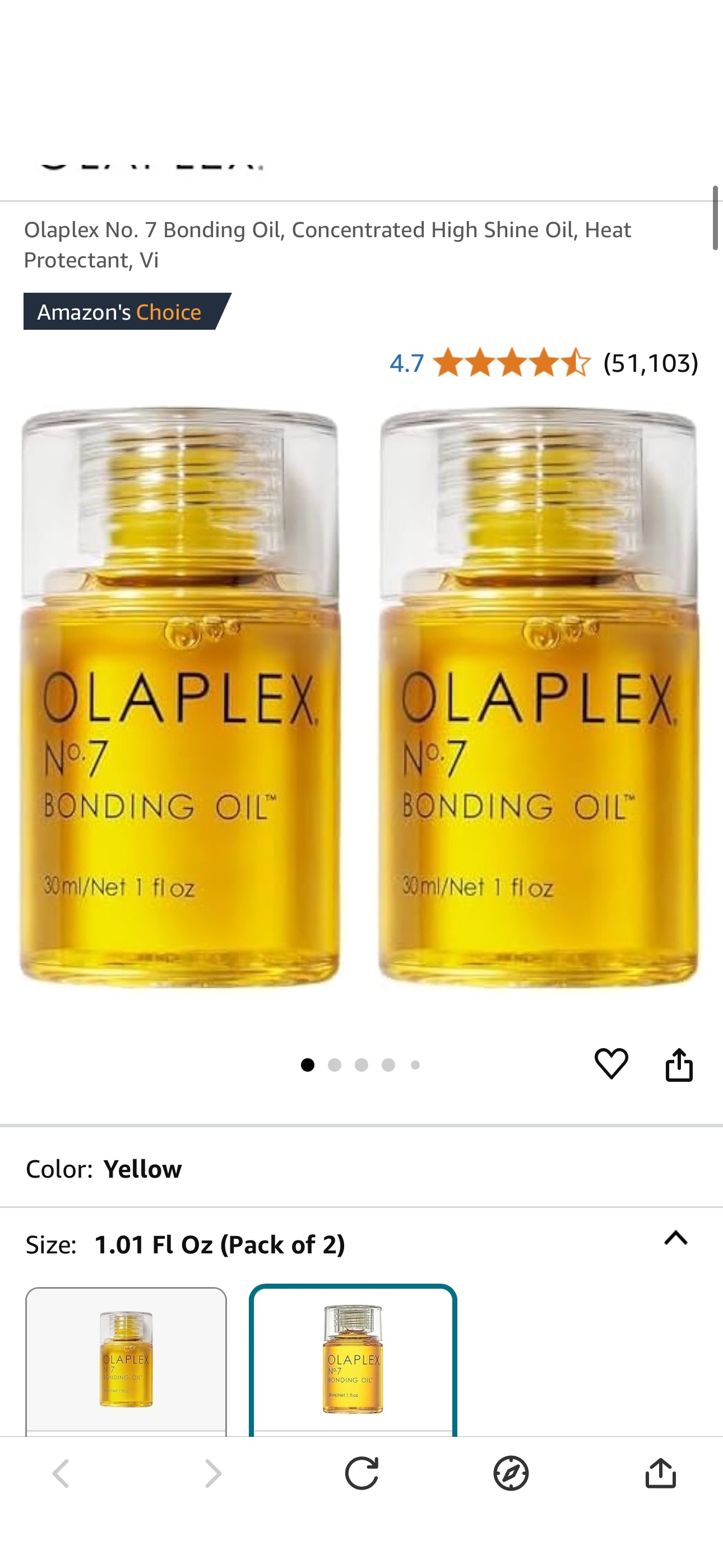 Amazon.com: Olaplex No. 7 Bonding Oil, Concentrated High Shine Oil, Heat Protectant, Visibly Smooths & Softens Hair, Added Color Vibrancy, Up to 72 Hour Frizz Control, For All Hair Types, 1 fl oz