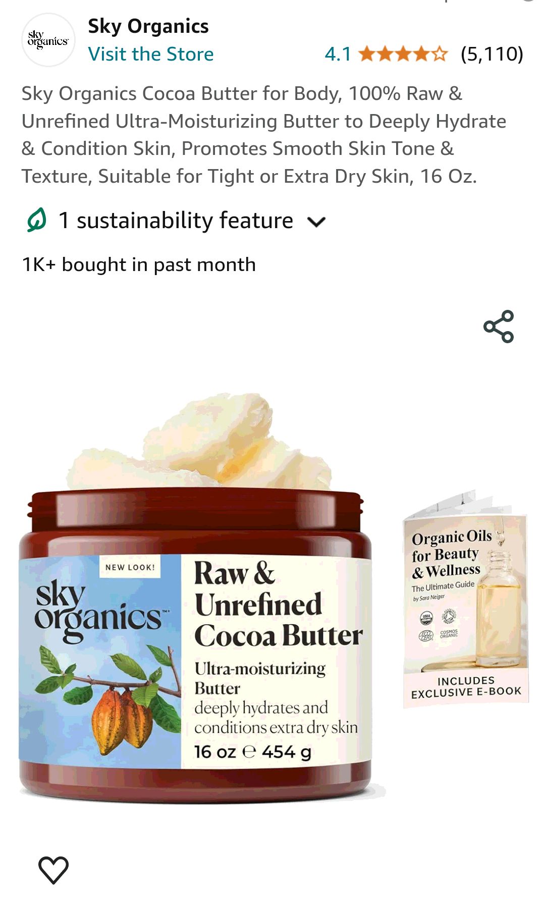 Amazon.com : Sky Organics Cocoa Butter for Body, 100% Raw & Unrefined Ultra-Moisturizing Butter to Deeply Hydrate & Condition Skin, Promotes Smooth Skin Tone & Texture, Suitable for Tight or Extra Dry