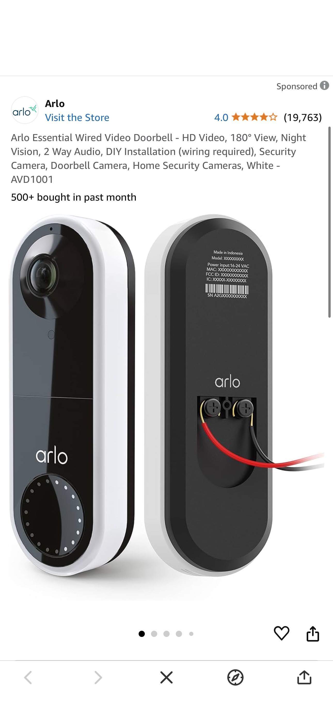 Amazon.com: Arlo Essential Wired Video Doorbell - HD Video, 180° View, Night Vision, 2 Way Audio, DIY Installation (wiring required), Security Camera, Doorbell Camera, Home Security Cameras, White - A