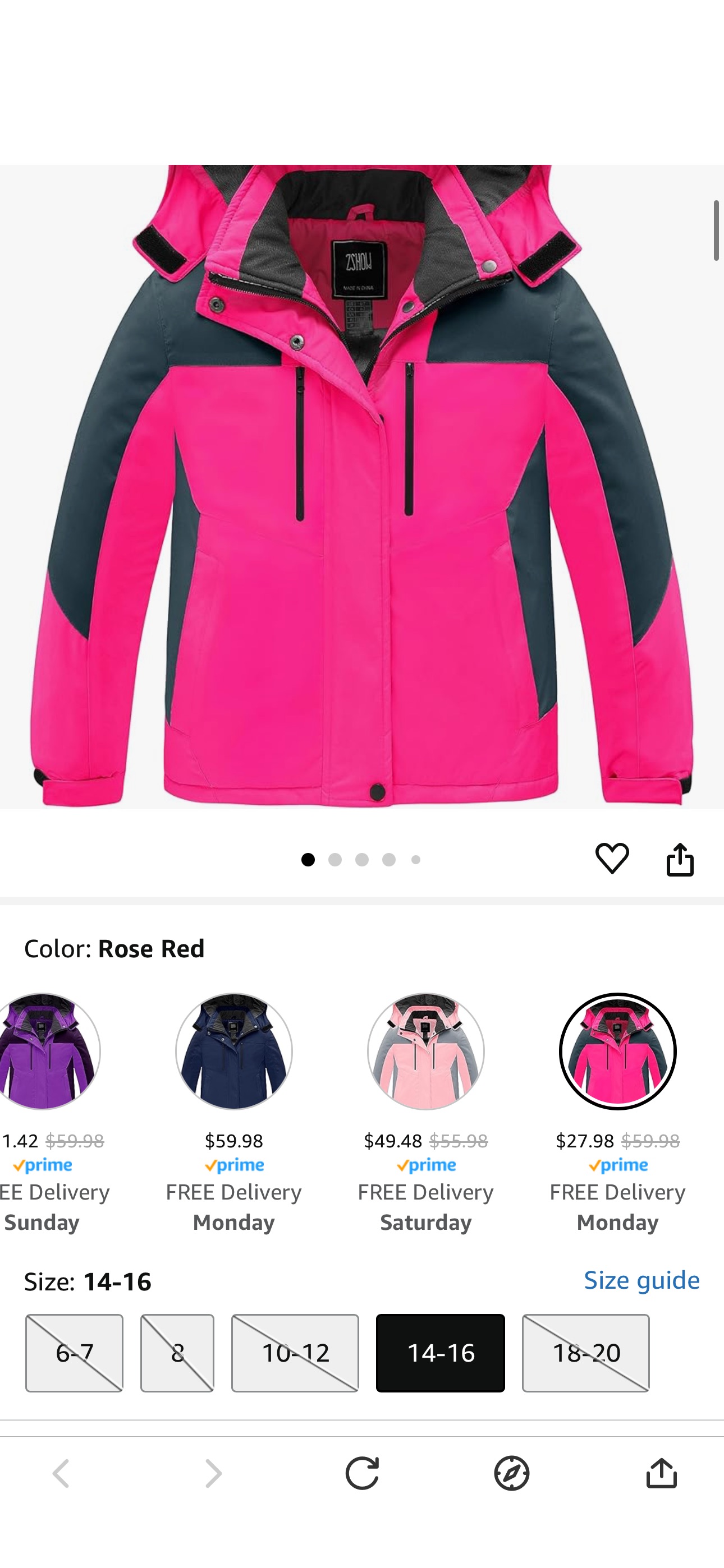 Amazon.com: ZSHOW Girls' Warm Winter Coat Fleece Waterproof Ski Jacket with Removable Hood(Rose Red, 14-16) : Clothing, Shoes & Jewelry