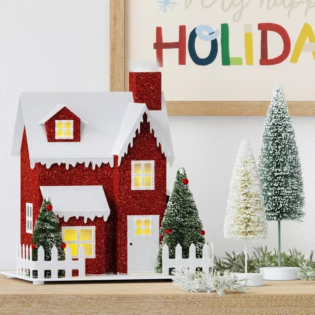 Lit Paper House With Bottle Brush Trees Christmas Village Figurine - Wondershop™ Red : Target