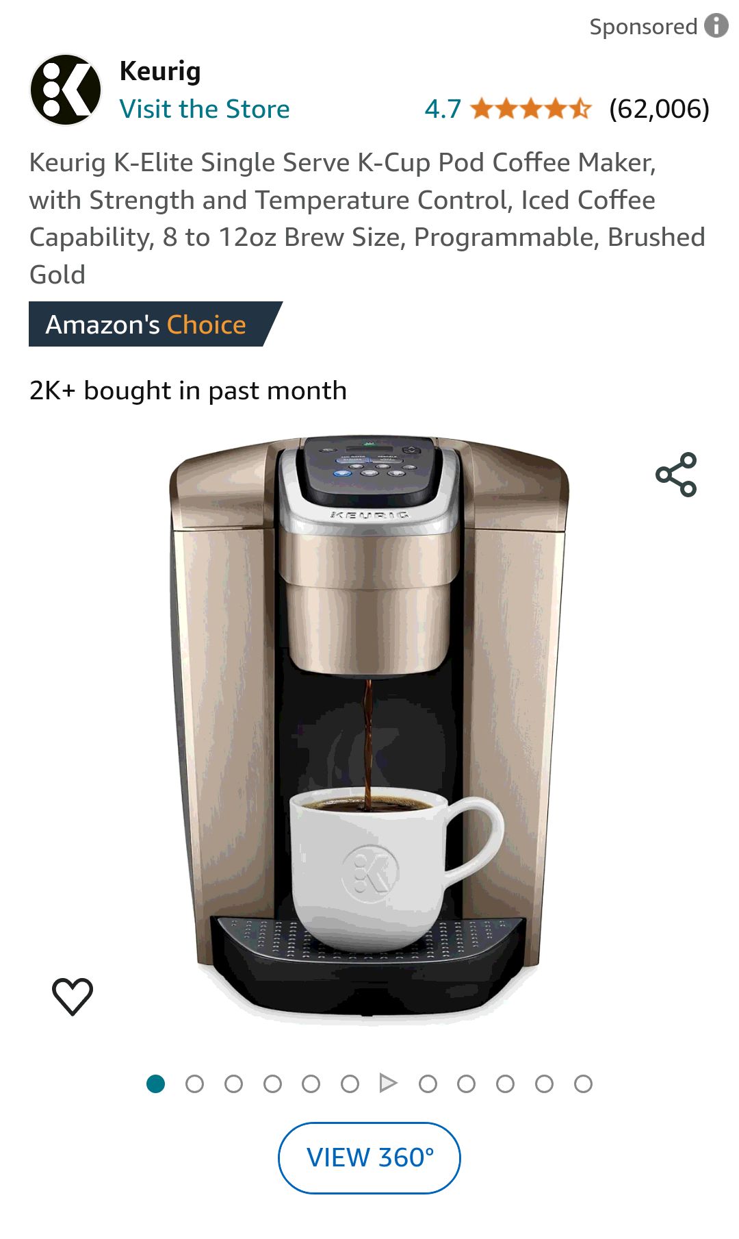 Keurig K-Elite Single Serve K-Cup Pod Coffee Maker, with Strength and Temperature Control, Iced Coffee Capability, 8 to 12oz Brew Size, Programmable, Brushed Gold: Home & Kitchen