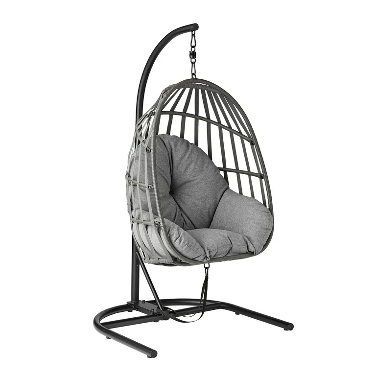 Mainstays Wicker Outdoor Patio Hanging Egg Chair with Gray Olefin Cushion and Black Metal Stand, 250 lbs Maximum Weight - Walmart.com