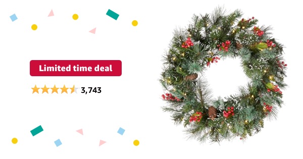 Limited-time deal: National Tree Company Pre-Lit Artificial Christmas Wreath, Green, Crestwood Spruce, White Lights, Decorated with Pine Cones, Berry Clusters, Frosted Branches, Christmas Collection, 