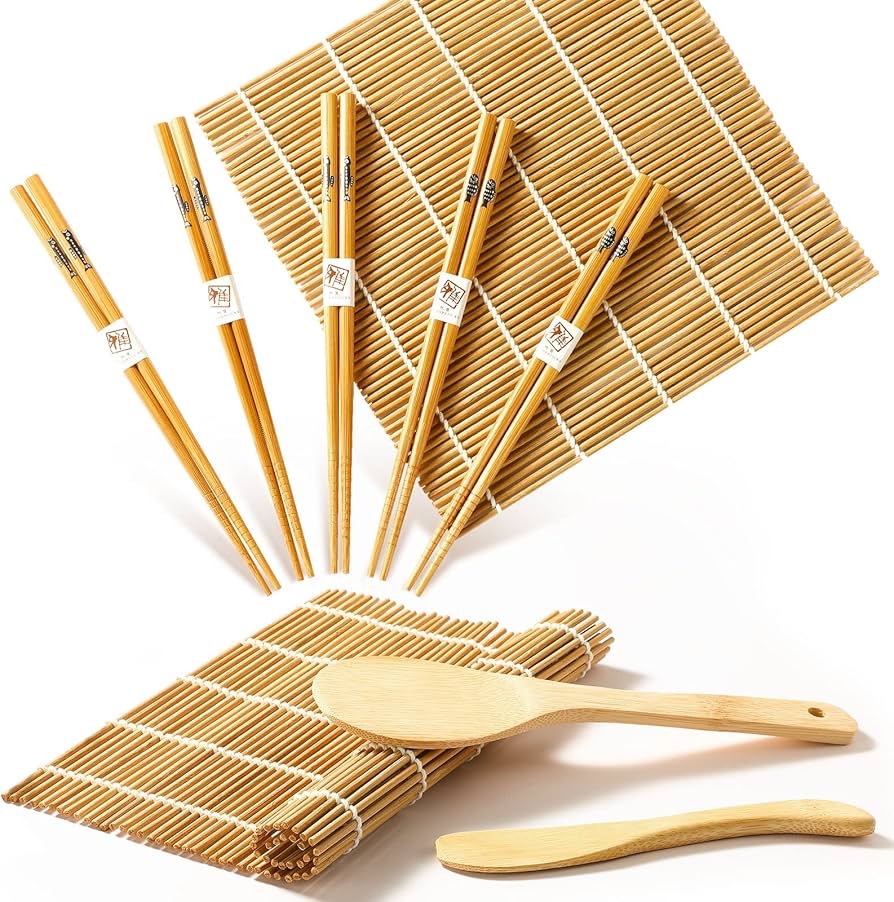 Amazon.com: Sushi Making Kit, Delamu Bamboo Sushi Mat, Including 2 Sushi Rolling Mats, 5 Pairs of Chopsticks, 1 Paddle, 1 Spreader, 1 Beginner Guide PDF, Beginner Sushi Kit, Sushi Plates: Home & Kitch