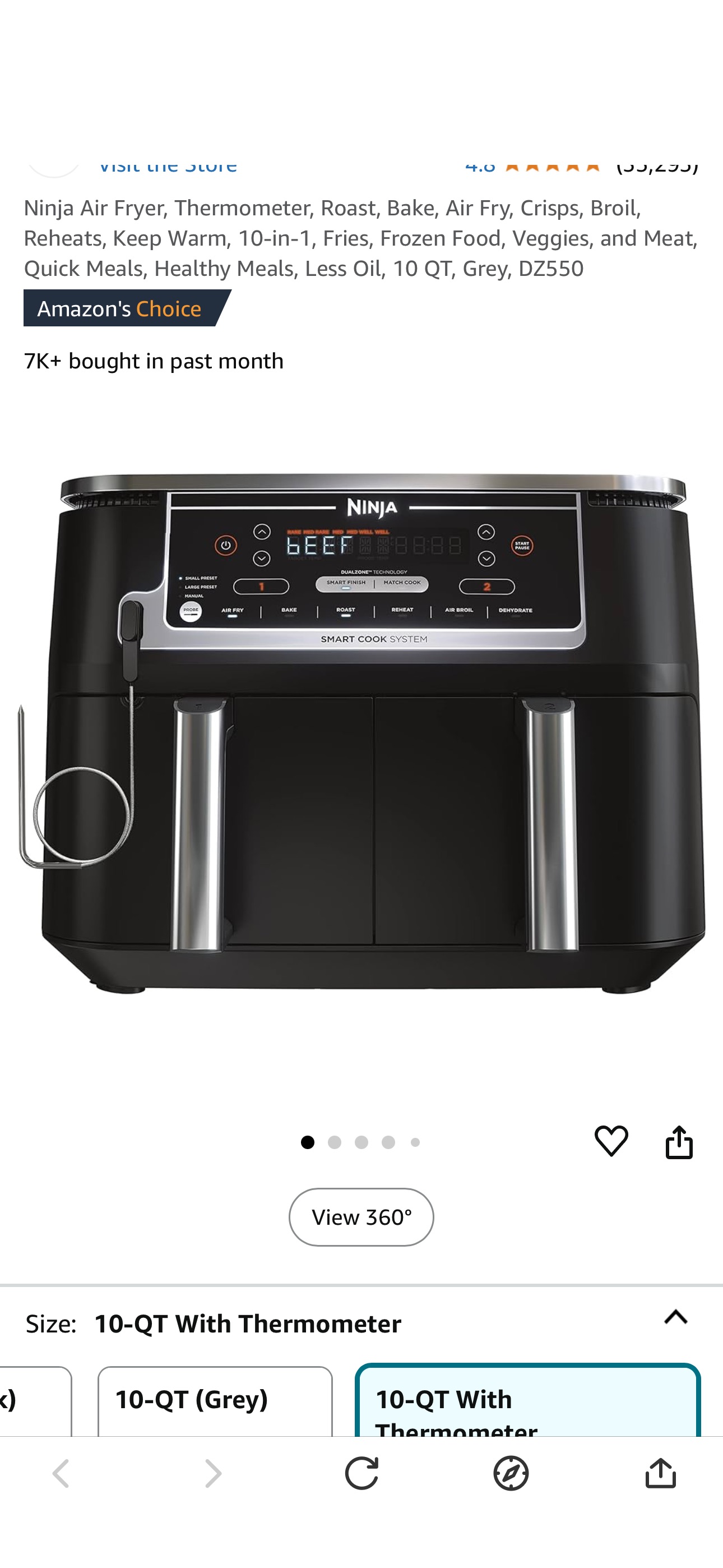 Amazon.com: Ninja Air Fryer, Thermometer, Roast, Bake, Air Fry, Crisps, Broil, Reheats, Keep Warm, 10-in-1, Fries, Frozen Food, Veggies, and Meat, Quick Meals, Healthy Meals, Less Oil, 10 QT, Grey, DZ