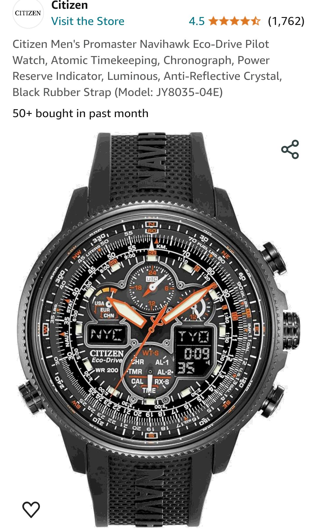 Citizen Men's Promaster Navihawk Eco-Drive Pilot Watch, Atomic Timekeeping, Chronograph, Power Reserve Indicator, Luminous, Anti-Reflective Crystal, Black Rubber Strap (Model: JY8035-04E) : Clothing, 