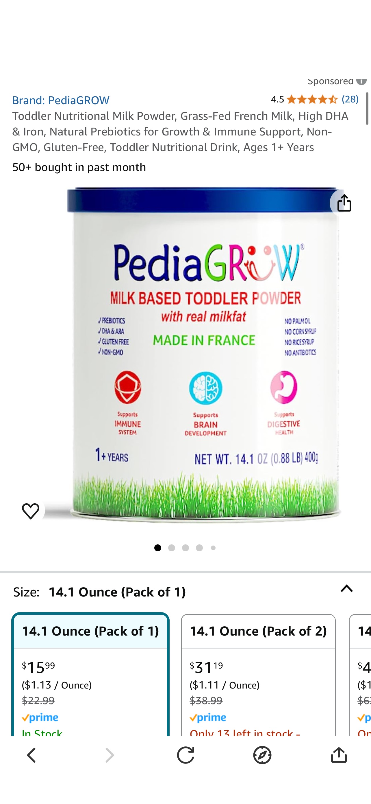 Amazon.com: PediaGROW Toddler Nutritional Milk Powder, Grass-Fed French Milk, High DHA & Iron, Natural Prebiotics for Growth & Immune Support, Non-GMO, Gluten-Free, Toddler Nutritional Drink, Ages 1+ 