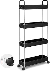 Slim Storage Cart Small Rolling Little Carts Shelves Rolling Spice Rack for Bathroom Kitchen Living Room Bedroom Storage Organize Great for Tight Spaces Narrow Gap with 4 Storage Baskets (Black)