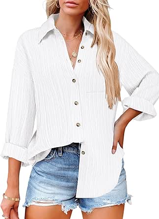 HOTOUCH Womens Button Down Shirts Casual Long Sleeve Dress Shirt Textured Collared Work Blouse Top with Pocket