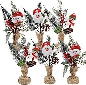 Amazon.com: winemana 6 Pcs Small Christmas Tree Table Decorations Indoor, Mini Artificial Trees Plants with Pine Cones Santa Snowman for Tabletop Centerpiece Office Home Kitchen Xmas Holiday