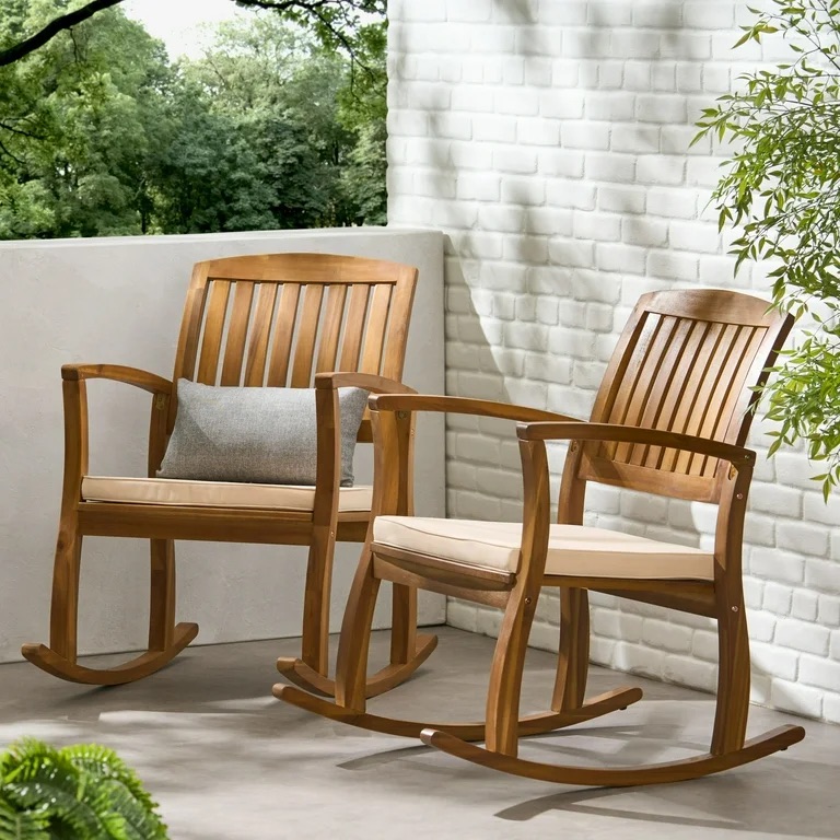 Dewitt Outdoor Acacia Rocking Chair with Cushion, Set of 2, Teak Finish, White - Walmart.com