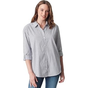 $9.60 Gloria Vanderbilt Women's Amanda Oversized Button Down Shirt with Roll-tab Sleeves, Marine Navy Stripe, X-Small at Amazon Women’s Clothing store