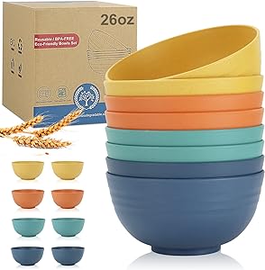 Premium Wheat Straw Bowl Sets, 8 PCS Unbreakable Cereal Bowl 26 OZ